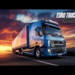 Euro Truck Simulator 2 gameplay showing a truck driving on European highway at sunset