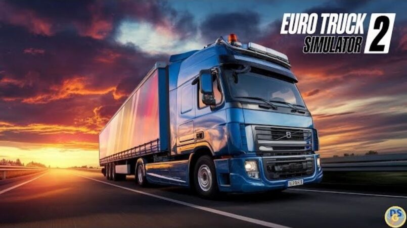 Euro Truck Simulator 2 gameplay showing a truck driving on European highway at sunset