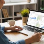 Small business owner checking Google Business Profile on laptop to audit local SEO performance