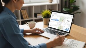 Small business owner checking Google Business Profile on laptop to audit local SEO performance