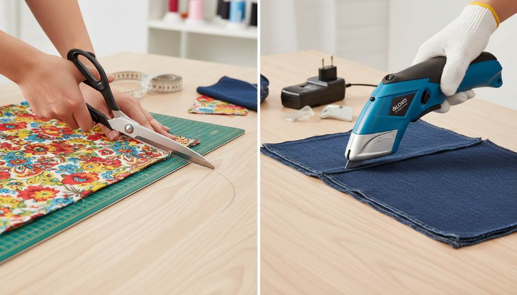 Side-by-side comparison showing manual scissors versus cordless cutter on textile projects