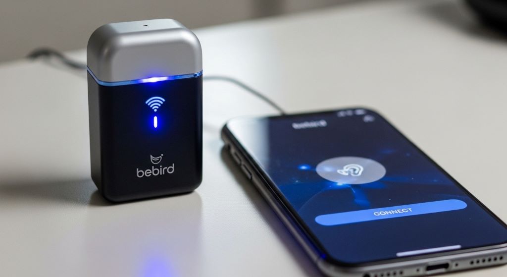 Bebird ear cleaning camera device with indicator light flashing ready for WiFi connection to smartphone