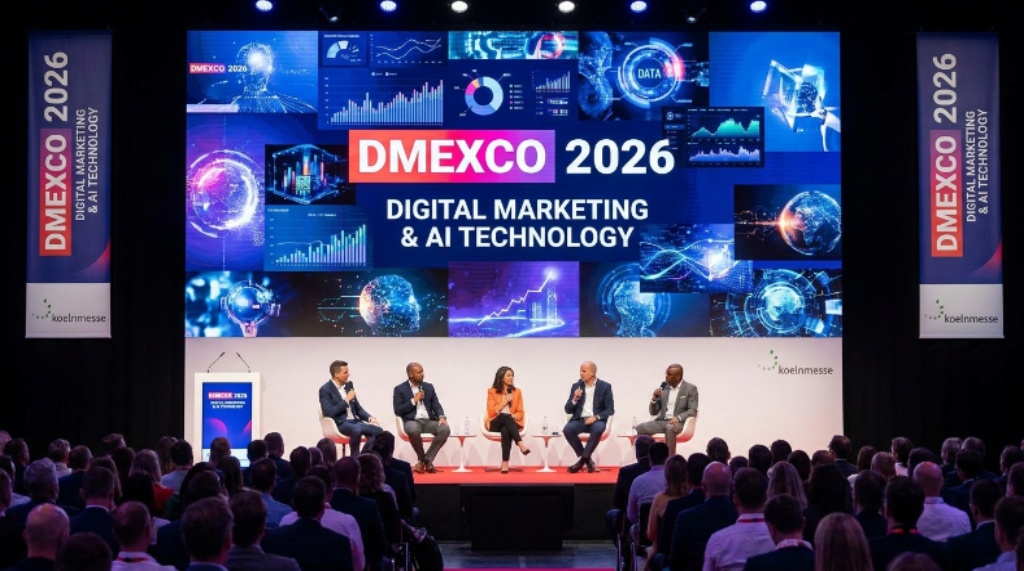 A panel of industry speakers on a brightly lit stage at the DMEXCO 2026 conference in Cologne, with a large screen displaying digital marketing and AI technology content behind them