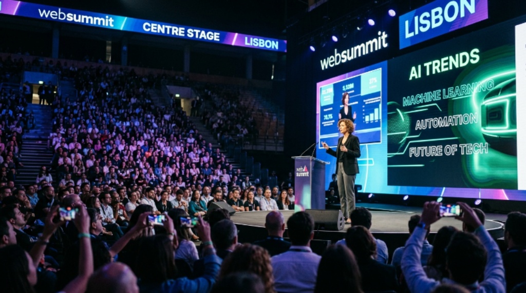 Web Summit Centre Stage keynote session in Lisbon with a packed audience and a speaker presenting on AI trends