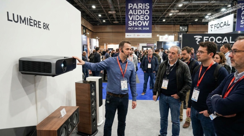An engineer presenting a new home cinema projector and surround sound system to visitors at the Paris Audio Video Show 2026 exhibition floor