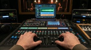 Audio editor wearing headphones while adjusting sound waveforms on a screen.