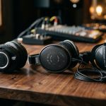 Three different professional studio headphones resting on a wooden desk.