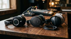 Three different professional studio headphones resting on a wooden desk.