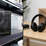 Split screen of a new boxed Beats headphone and a refurbished pair on a wooden desk.