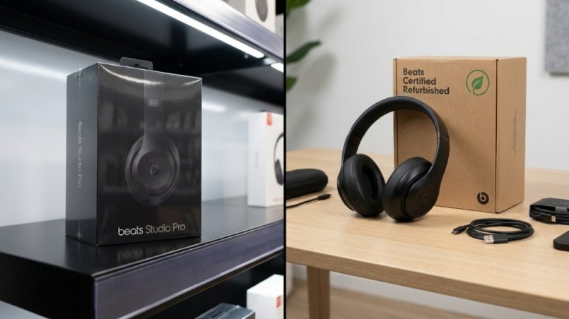 Split screen of a new boxed Beats headphone and a refurbished pair on a wooden desk.