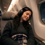 Passenger wearing noise canceling headphones in an airplane window seat.
