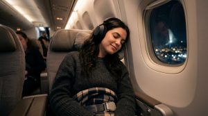 Passenger wearing noise canceling headphones in an airplane window seat.