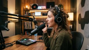 A creator wearing over-ear headphones while speaking into a podcast microphone.