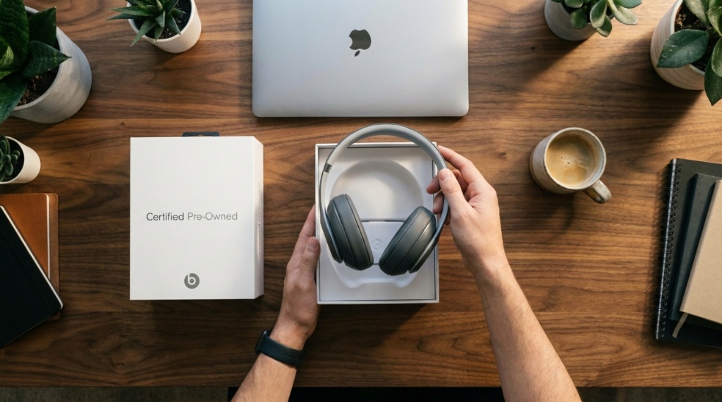 Overhead view of a person unboxing gray Beats headphones next to a laptop.