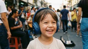 Child wearing safe volume limiting noise cancelling headphones in noisy airport.