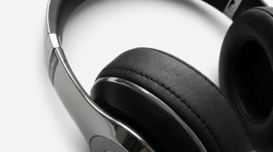 Close up of the clean ear cushion and hinge of refurbished Beats headphones.
