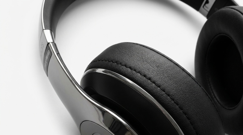 Close up of the clean ear cushion and hinge of refurbished Beats headphones.
