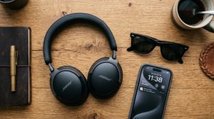 Bose wireless headphones and smartphone arranged on a desk.