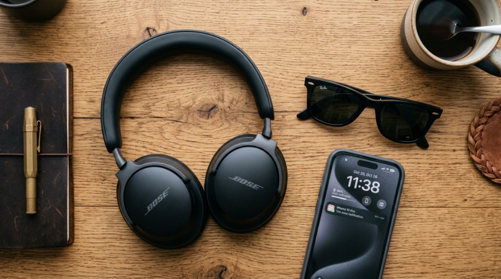Bose wireless headphones and smartphone arranged on a desk.