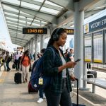 Commuter wearing Bose headphones at a busy Texas transit station.
