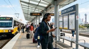 Commuter wearing Bose headphones at a busy Texas transit station.
