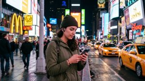 Tourist wearing translation earbuds in Times Square New York