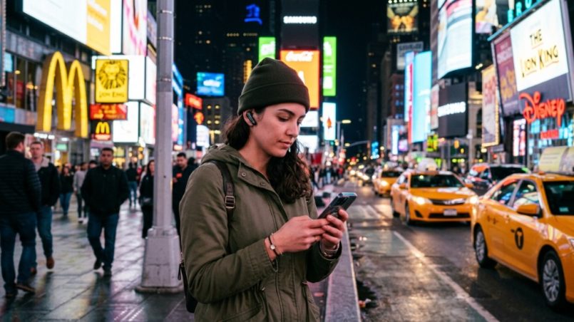 Tourist wearing translation earbuds in Times Square New York