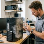Person spraying compressed air into desktop computer vents.