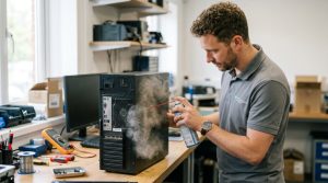 Person spraying compressed air into desktop computer vents.