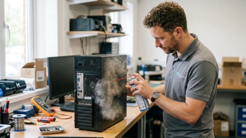 Person spraying compressed air into desktop computer vents.