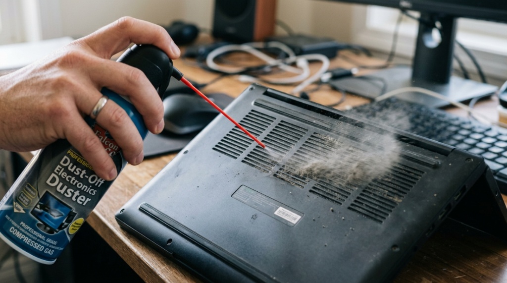 Close-up of cleaning laptop vents with canned air.
