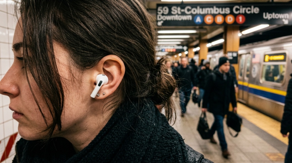 Traveler using wireless translation earbuds on New York subway