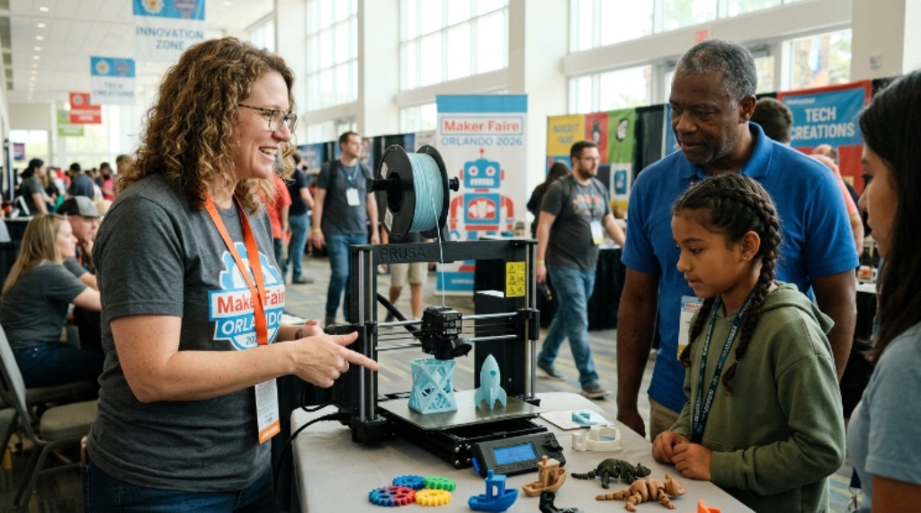 A maker demonstrating a 3D printing project to visitors at Maker Faire Orlando 2026