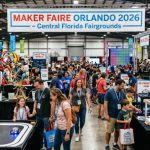 Crowds of families and makers exploring exhibits at Maker Faire Orlando 2026 inside the Central Florida Fairground
