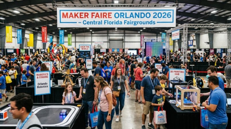 Crowds of families and makers exploring exhibits at Maker Faire Orlando 2026 inside the Central Florida Fairground