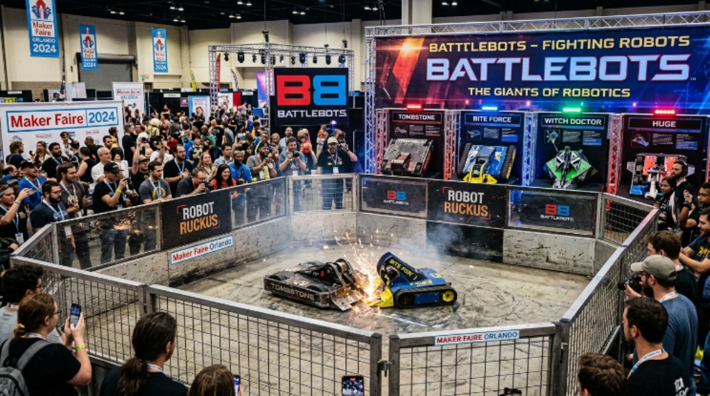 Combat robots competing in the Robot Ruckus arena at Maker Faire Orlando with BattleBots displays in the background