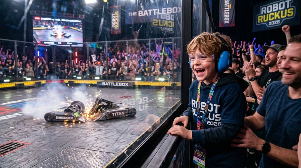 A young child watching a live robot combat match with excitement at Robot Ruckus 2026