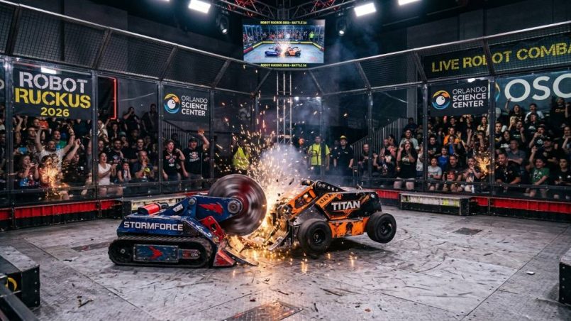 Robots battling inside an enclosed arena at Robot Ruckus 2026 at the Orlando Science Center