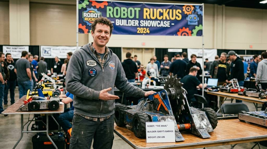 A hobbyist builder displaying their custom combat robot at the Robot Ruckus builder showcase
