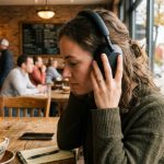 Commuter wearing over-ear noise-canceling headphones at a busy Chicago train platform.