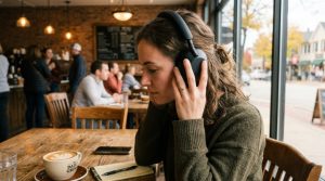 Commuter wearing over-ear noise-canceling headphones at a busy Chicago train platform.