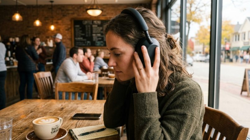 Commuter wearing over-ear noise-canceling headphones at a busy Chicago train platform.