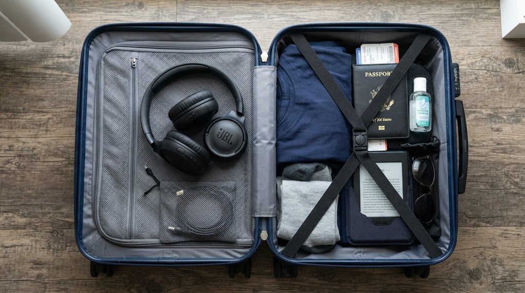 Folded lightweight JBL headphones inside packed carry-on bag next to passport.