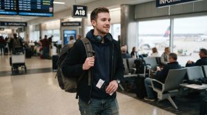 Man wearing black lightweight JBL headphones around neck at airport terminal.