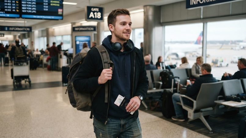 Man wearing black lightweight JBL headphones around neck at airport terminal.